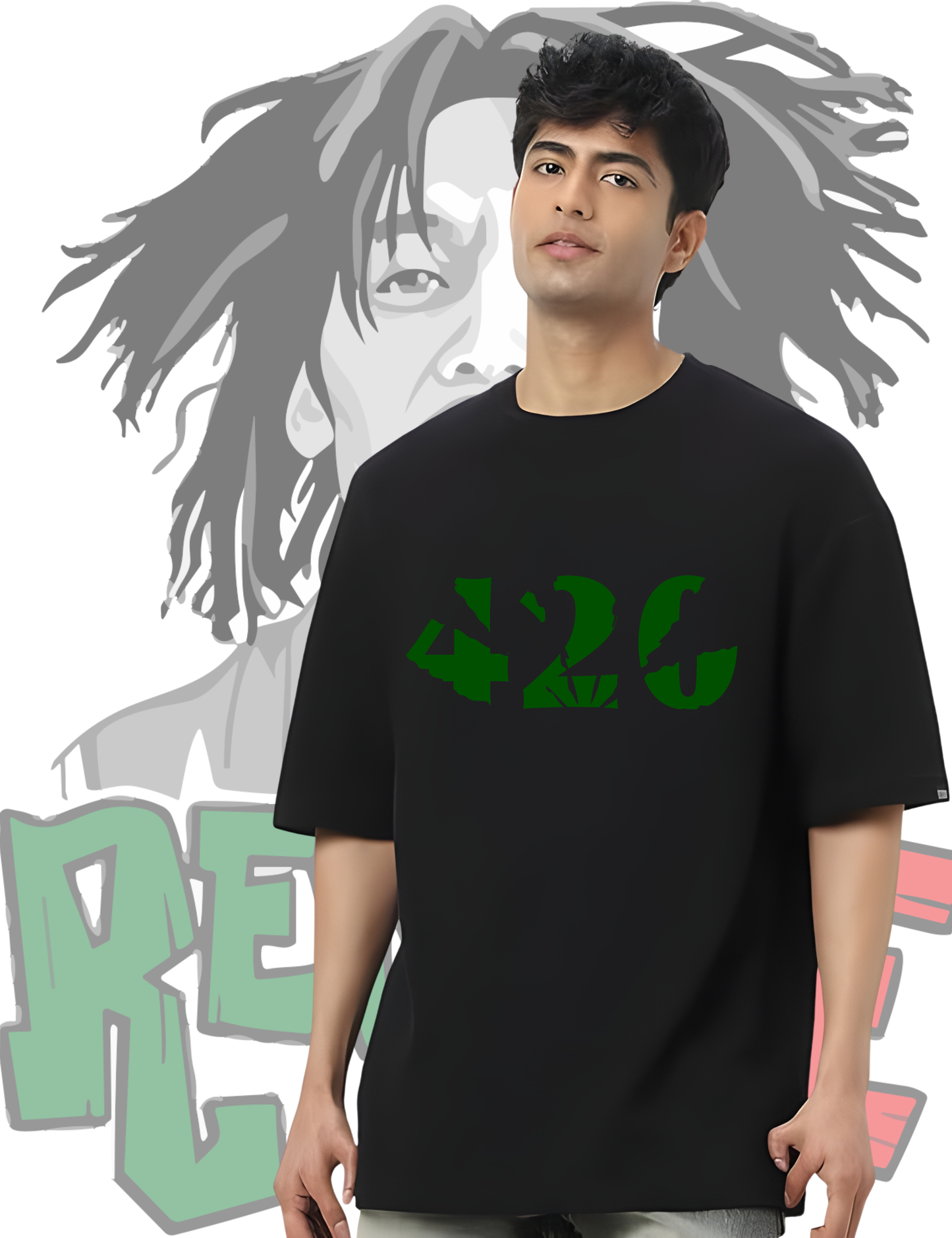 Men's "420" Green Stencil Graphic Oversized T-Shirt